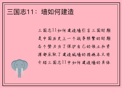 三国志11：墙如何建造